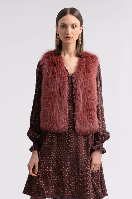 Molly Bracken Dark Red Sleeveless Faux Fur Gilet