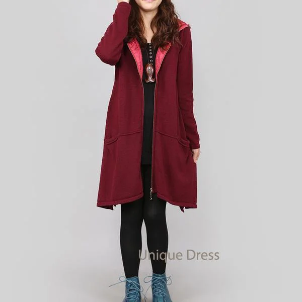 Burgundy zippered women sweater cardigan coat Burgundy zippered women sweater cardigan coat