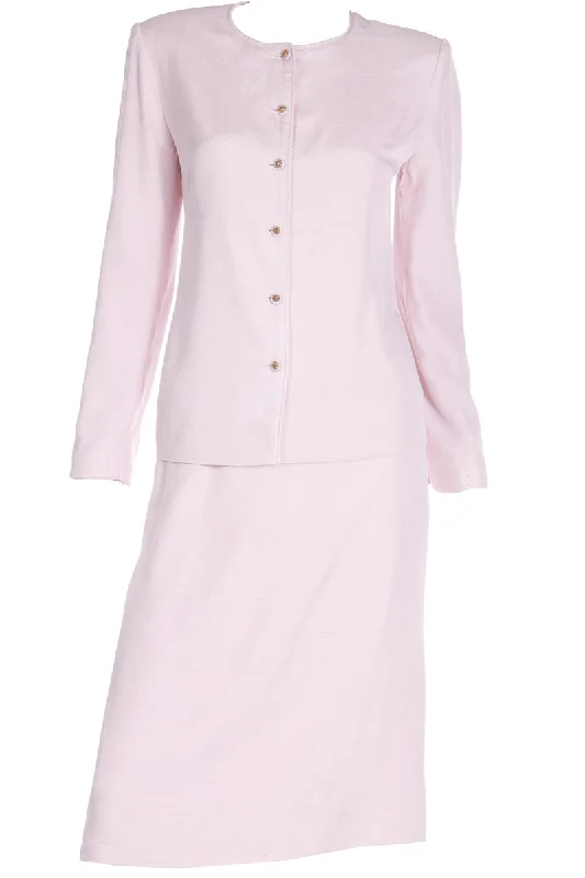 1970s Chanel Creations Philippe Guibourge Pink Silk 2 Pc Jacket & Skirt Suit