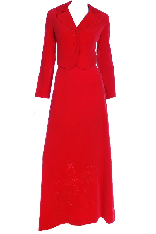 1970s Red Velvet 2pc Dress w Cropped Jacket & Quilted Maxi Skirt