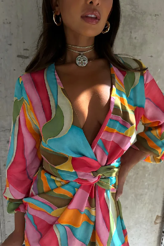 Multi Abstract Mini Vienna Wrap Dress