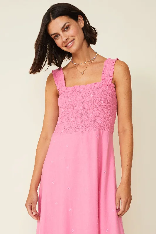 Rhianna Embroidered Midi Dress | Pink/Pink