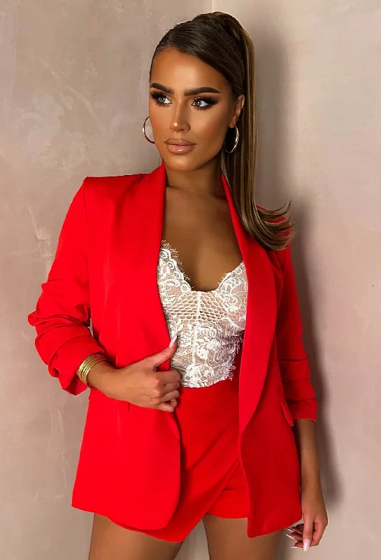 Always Iconic Red Shawl Ruched Sleeve Blazer