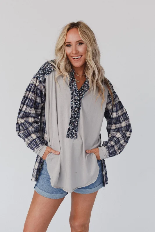 Better Together Mixed Print Top - Blue Gray