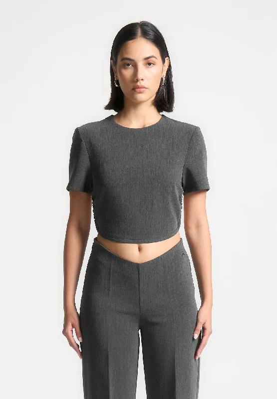 Curved Hem Backless Top with Tie - Dark Grey