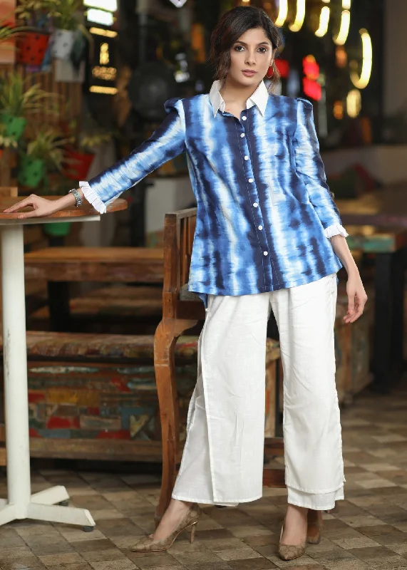 Elegant Indigo Tie-Dye Casual Shirt Highlighted with Georgette Frills