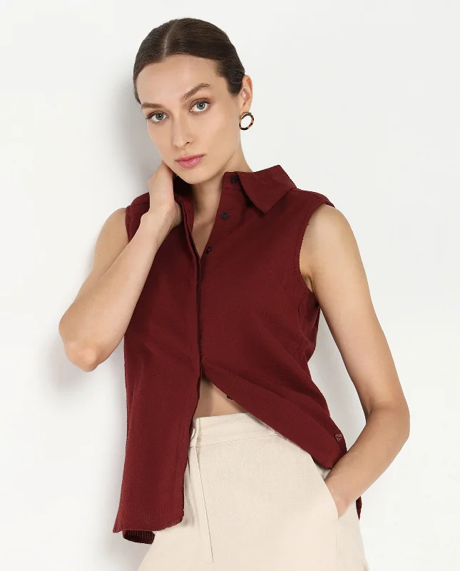 Rareism Women's Forli Brown Sleeveless Collared Neck  Plain Shirt