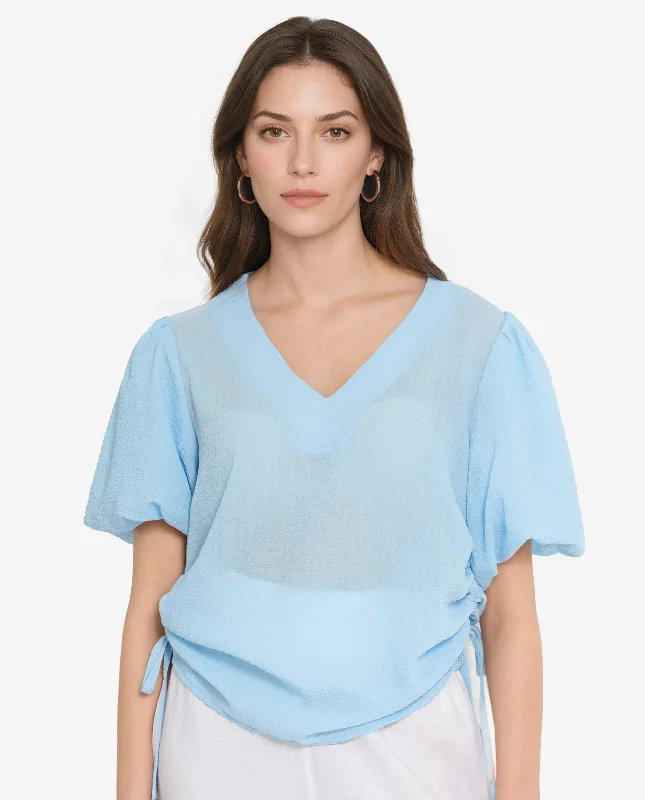 Rareism Women's Krien Light Blue Balloon Sleeve V-Neck Plain Top