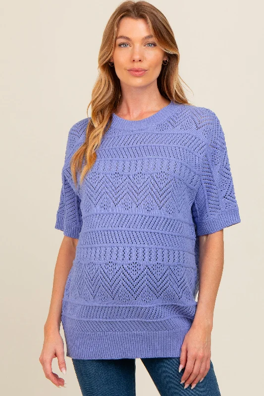 Periwinkle Crochet Knit Short Sleeve Sweater Maternity Top