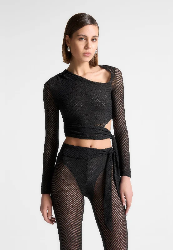 Ribbed Sheer Top with Tie - Black