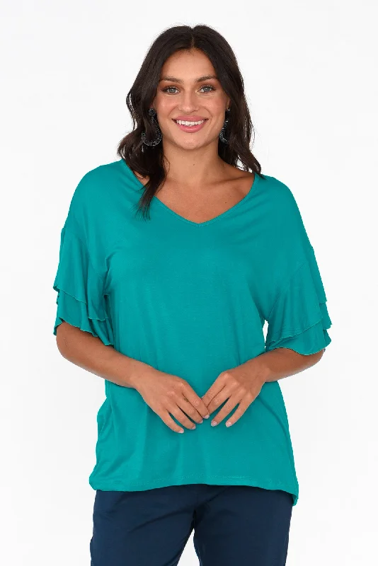 Ripon Blue Lagoon Frill Sleeve Top