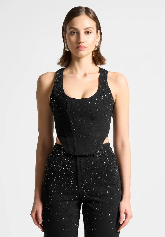 Scattered Rhinestone Denim Corset Top - Black