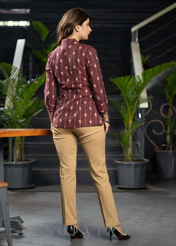 smart-maroon-ikat-cotton-collared-shirt-with-wooden-buttons-rollup-sleeves