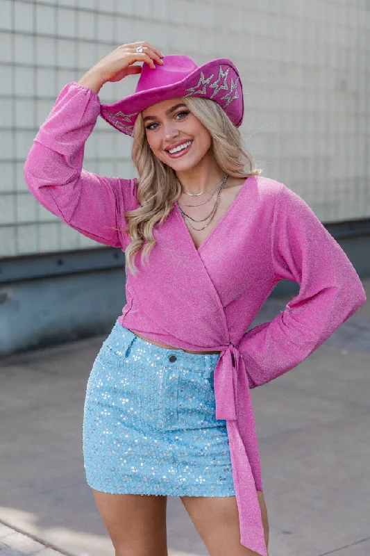 Table For Two Pink Shimmer Wrap Blouse