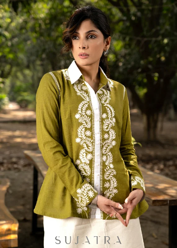 Trendy Moss Green Cotton Embroidered Shirtwith Chikankari Inspired Embroidery