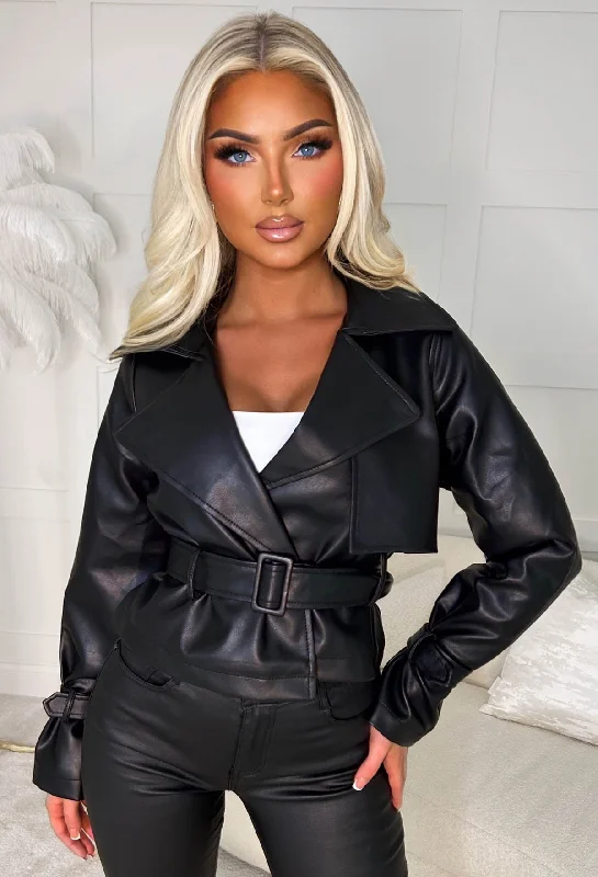 Try To Resist Me Black Faux Leather Cropped Trench Jacket