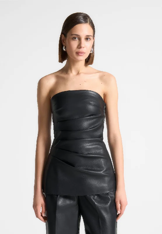 Vegan Leather Tacked Longline Bandeau Top - Black