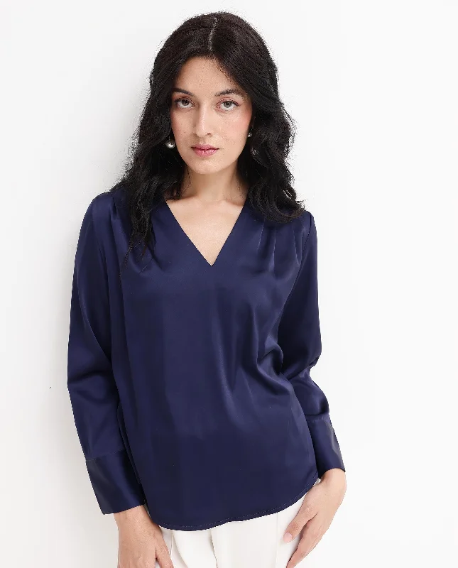 Rareism Women'S Yuhay Navy Polyester Fabric Regular Sleeves V-Neck Solid Regular Length Top