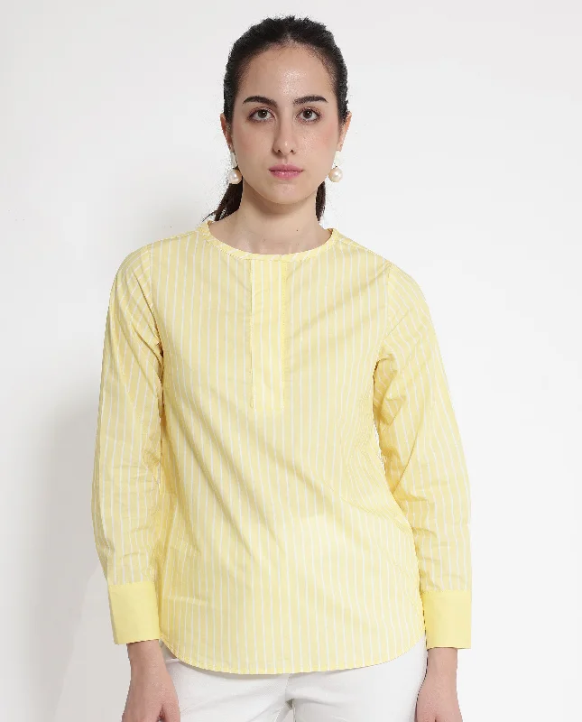 Rareism Women's Zelma Yellow Cuffed Sleeve Round Neck Button Narrow Stripes Top